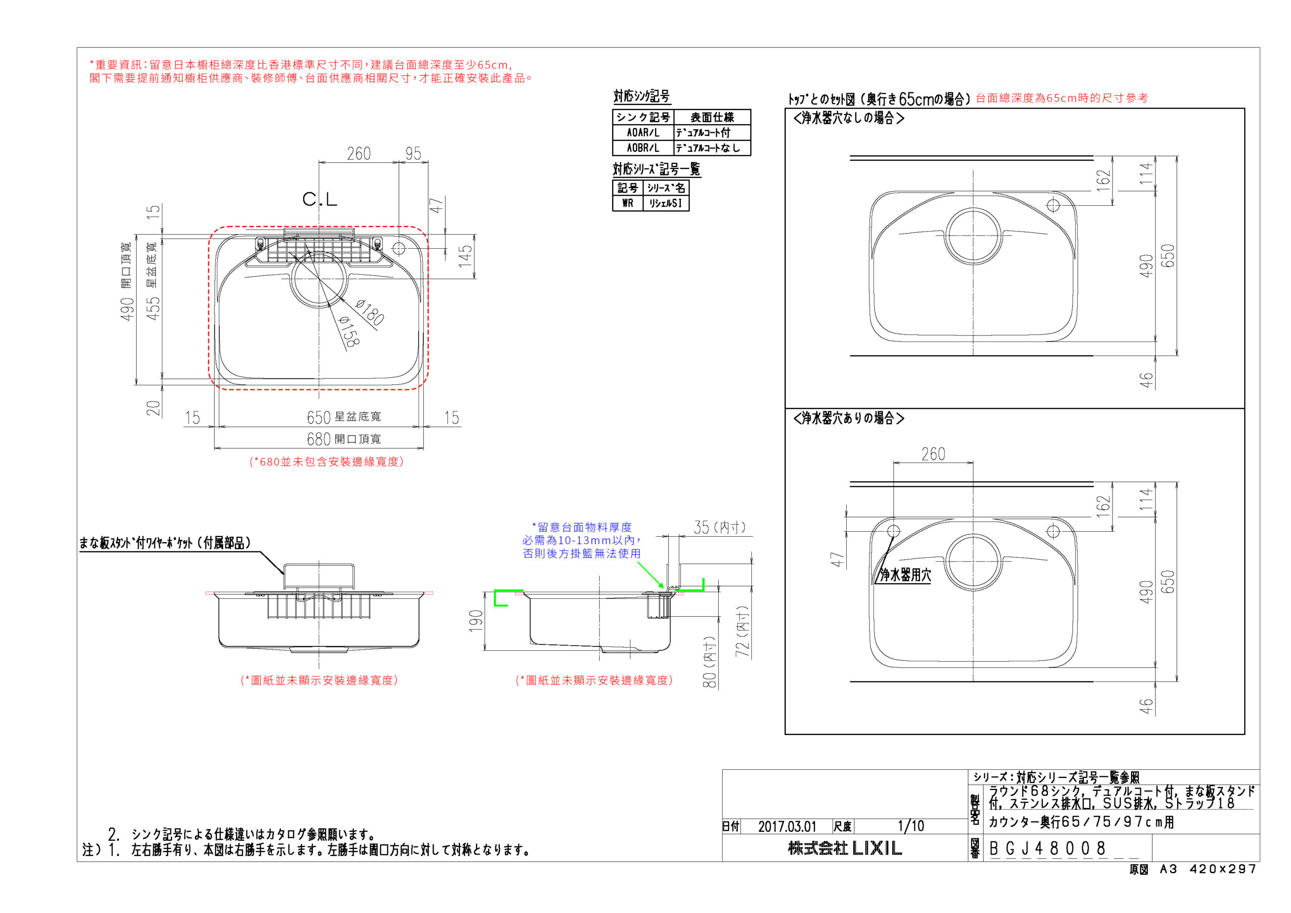 LIXIL A0A 680mm 單層靜音不銹鋼廚房星盆 日本製造