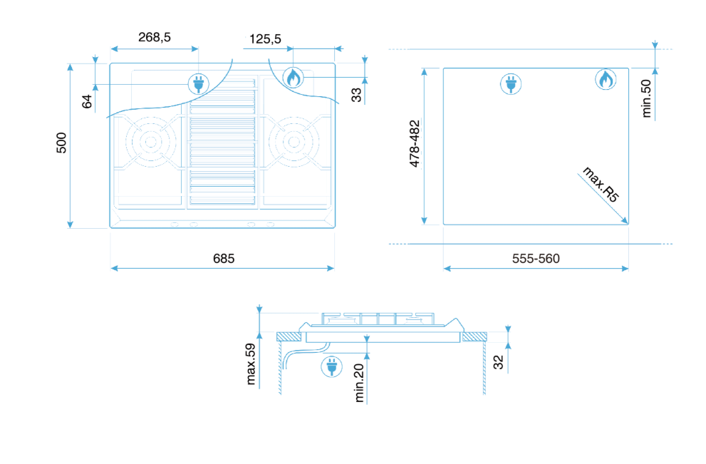 SMEG 美學瓦斯爐(雙口爐) SRV572XGCTW尺寸圖